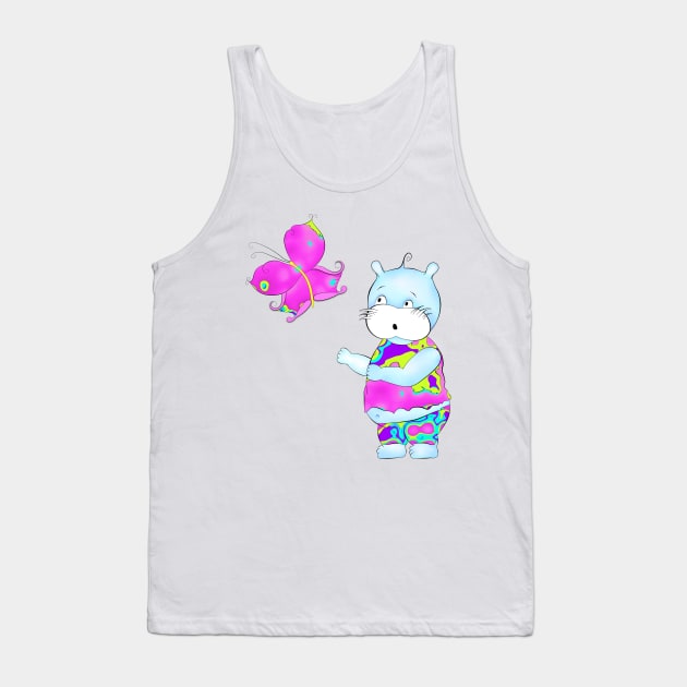 Cute hippie hippo looking at butterfly Tank Top by stefy